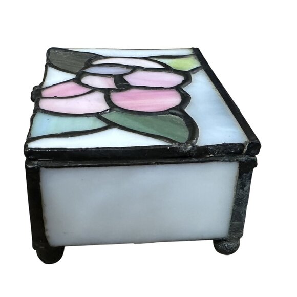 Vintage Small Floral Slag Glass Footed Trinket Box 1.75" Tall 1980s - Picture 2 of 7